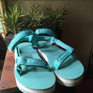 Teal and white platform Tevas